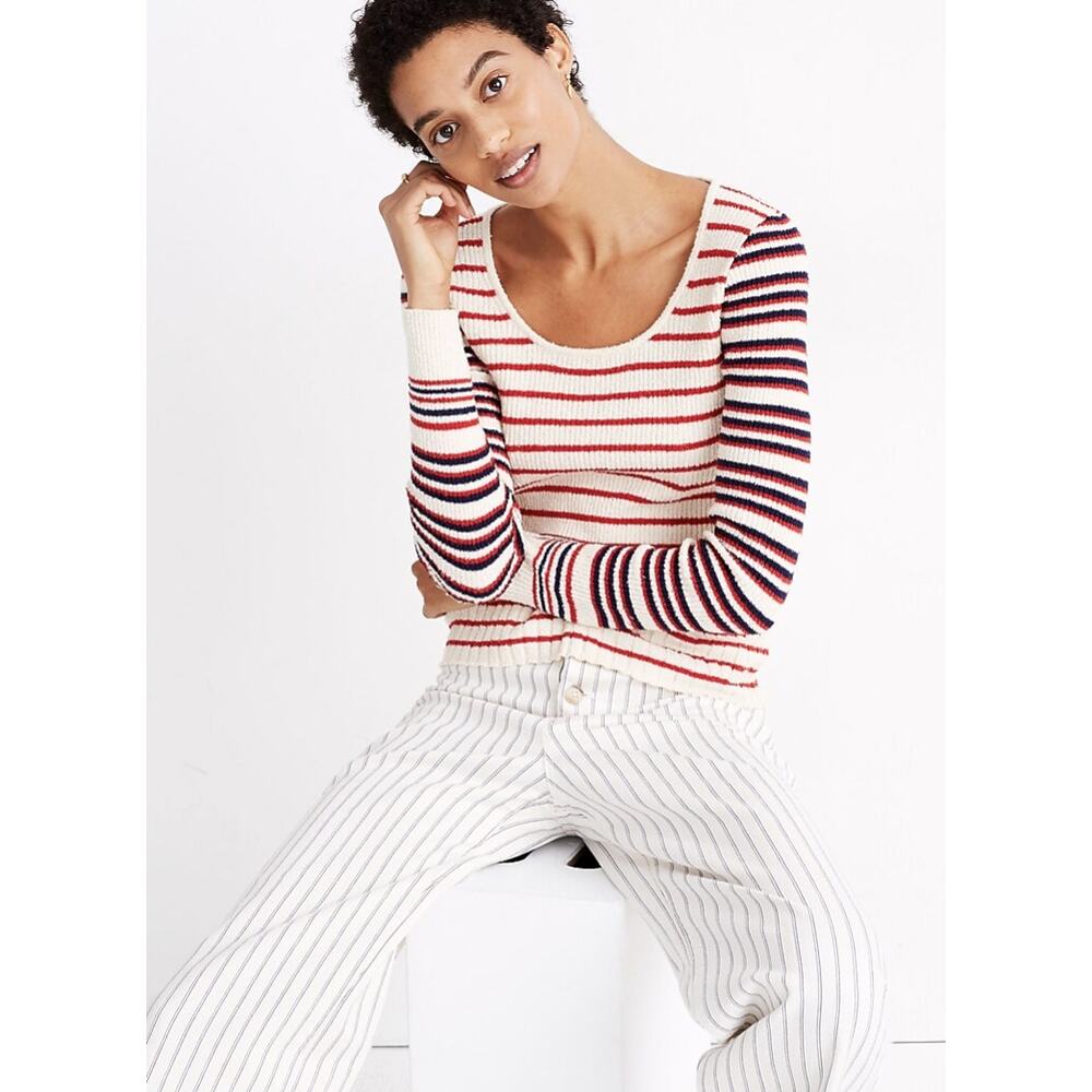 Madewell XS Stillman Striped Long Sleeve Sweater Pullover Cream Red White Blue